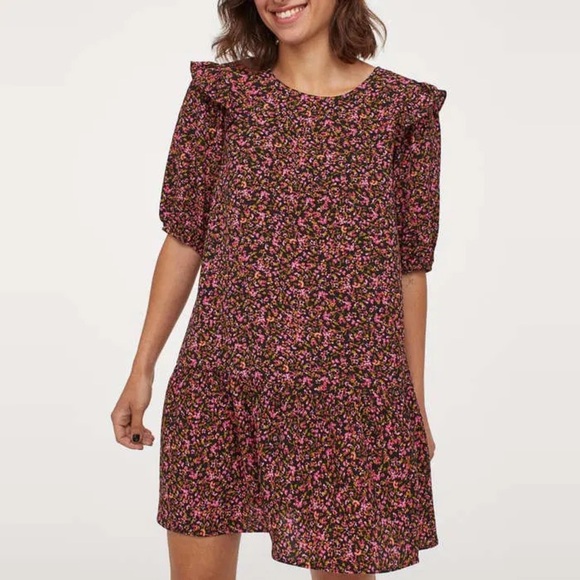 Divided Black and Pink Floral Mini Dress - Picture 1 of 7